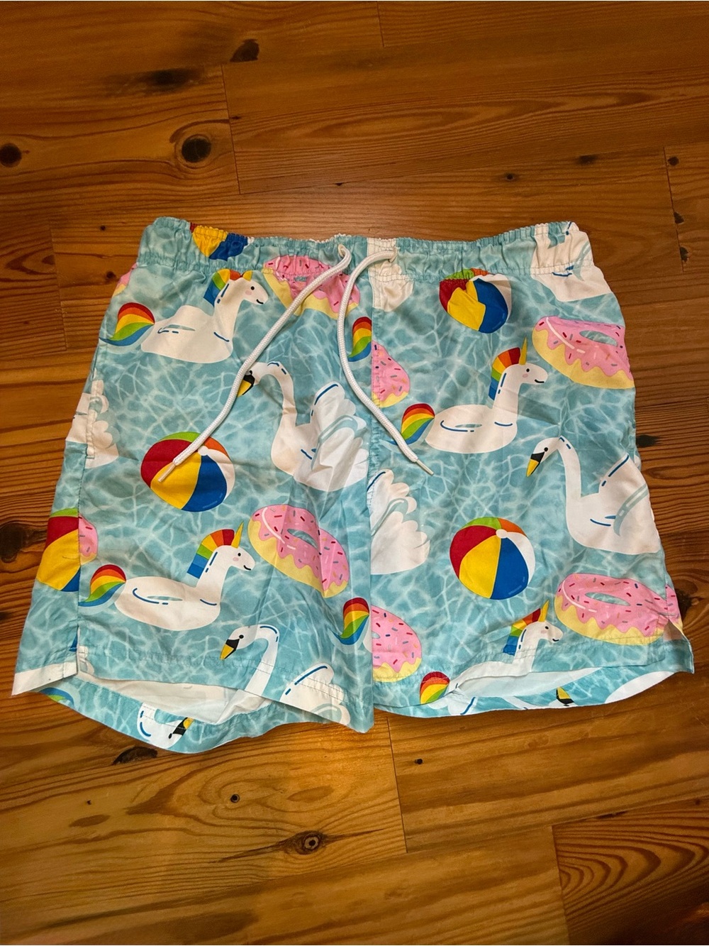 George Light Blue Swim Trunks with Unicorn Swan & Beach Ball Print
